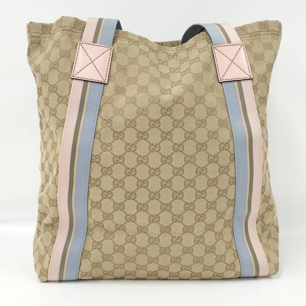Gucci beige canvas Canvas Line Sherry pink Tote striped Bag web GG Tan Pink